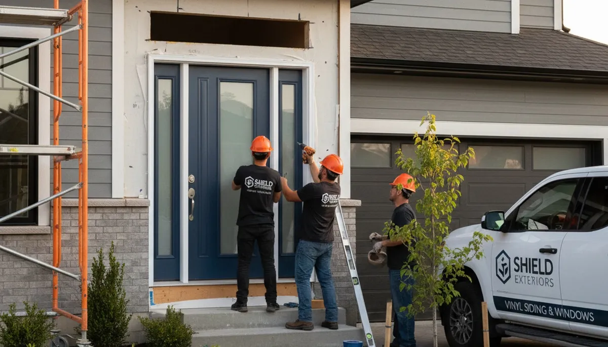 Professional door installation with durable vinyl siding in San Antonio, TX homes