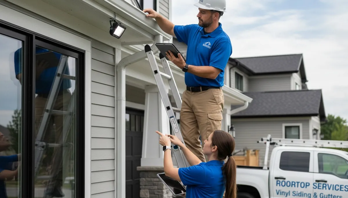 Technician performing gutter inspection on vinyl siding home in San Antonio, TX