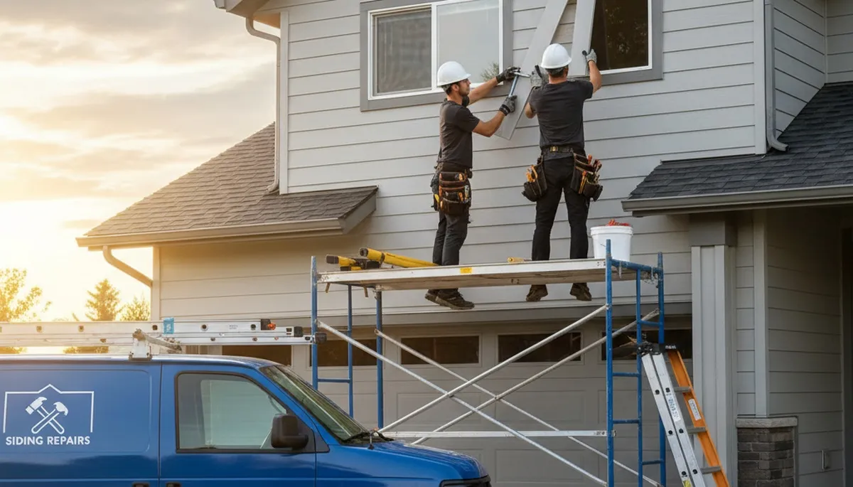 Technician repairing vinyl siding on San Antonio TX home exterior damaged by heat and storm